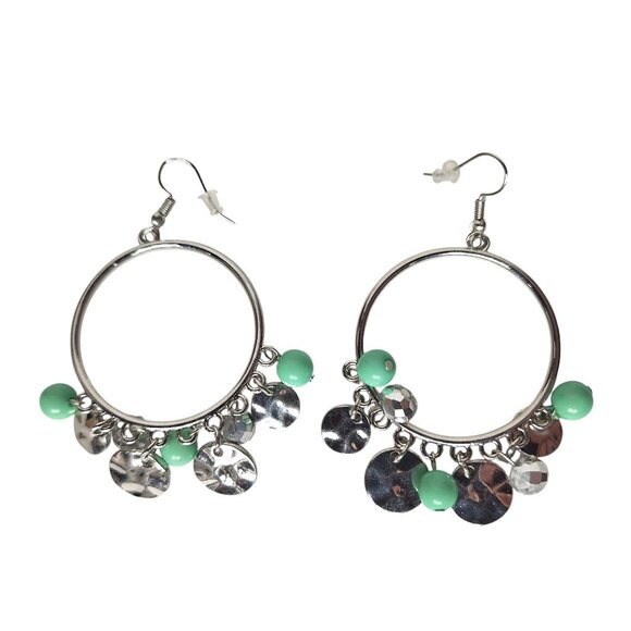 Boho Silver Hoop Earrings with Green Beads & Disc Charms Dangle Drop Lightweight - Picture 1 of 2